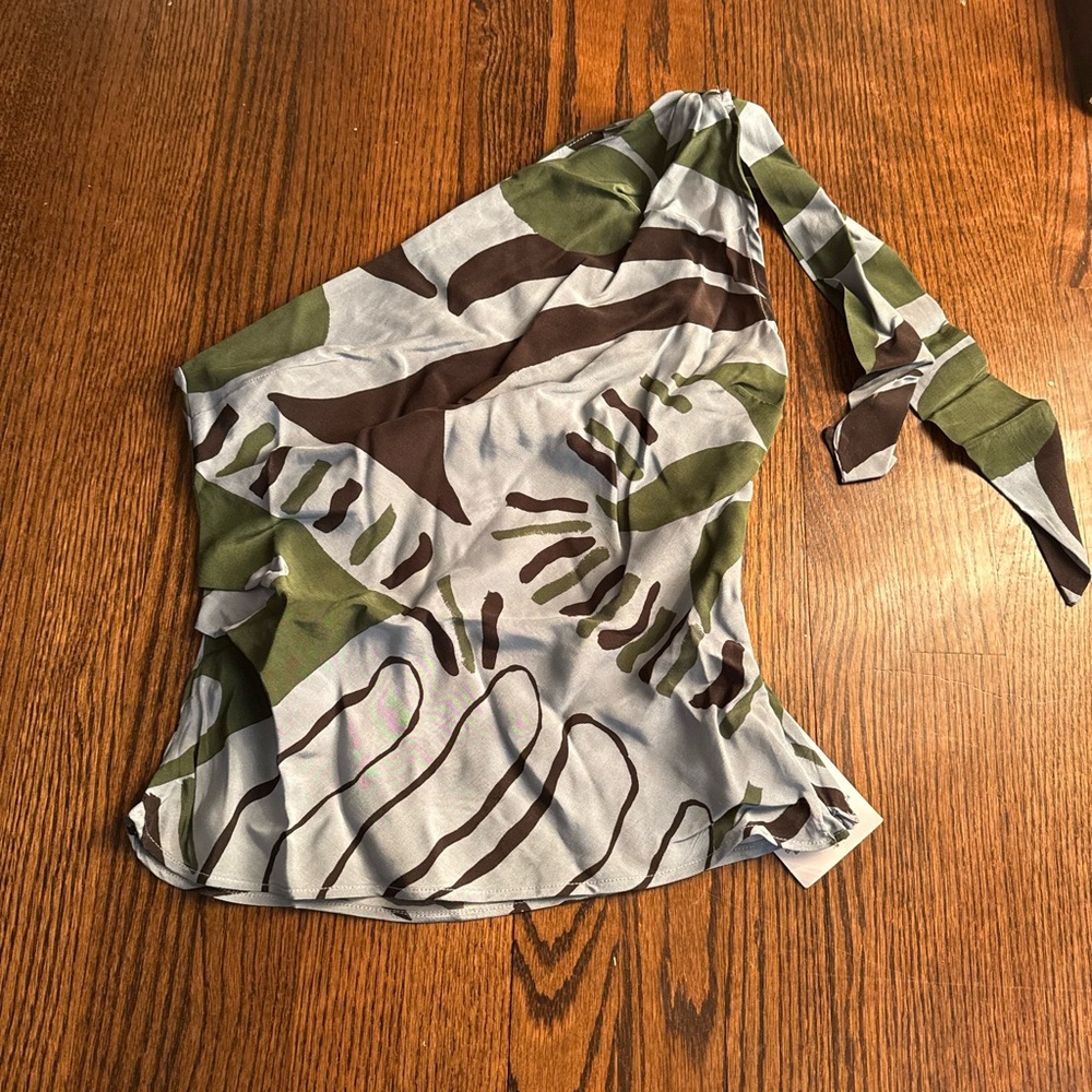 Topshop Green and Brown One-Shoulder Blouse